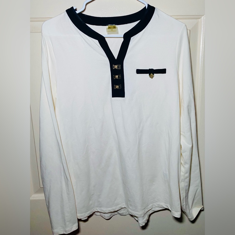 Anne Klein Off White Long Sleeve Blouse with Black Detailing on Collar M‎